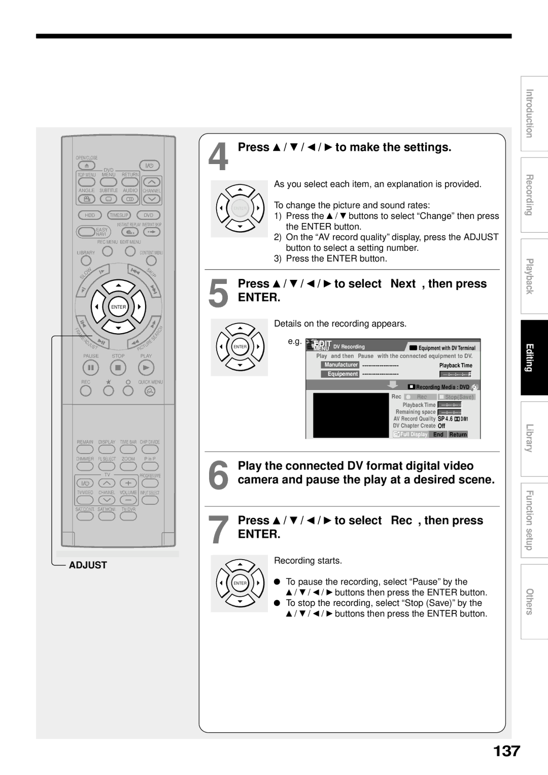 Toshiba RD-XS32SB owner manual 137, Press / / / to select Next, then press, Press / / / to select Rec, then press 