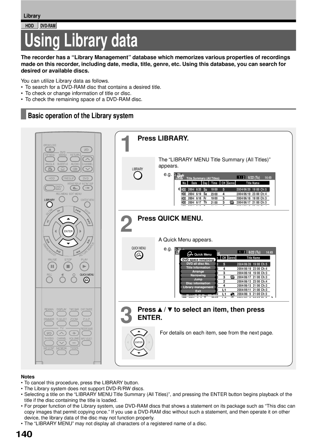 Toshiba RD-XS32SB owner manual Using Library data, 140, Basic operation of the Library system, Press Library 