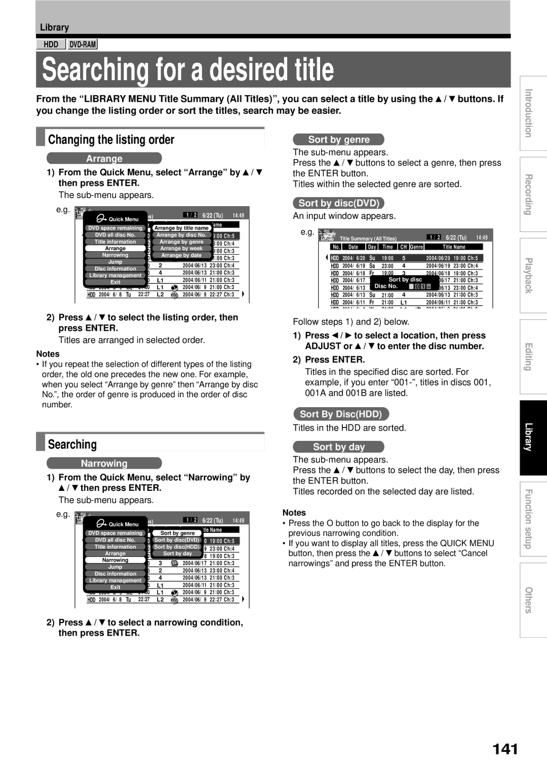 Toshiba RD-XS32SB owner manual Searching for a desired title, 141, Changing the listing order 