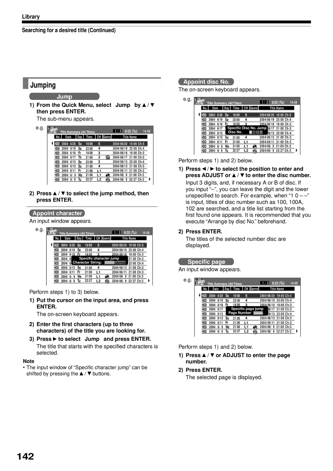 Toshiba RD-XS32SB owner manual 142, Jumping, Library Searching for a desired title 