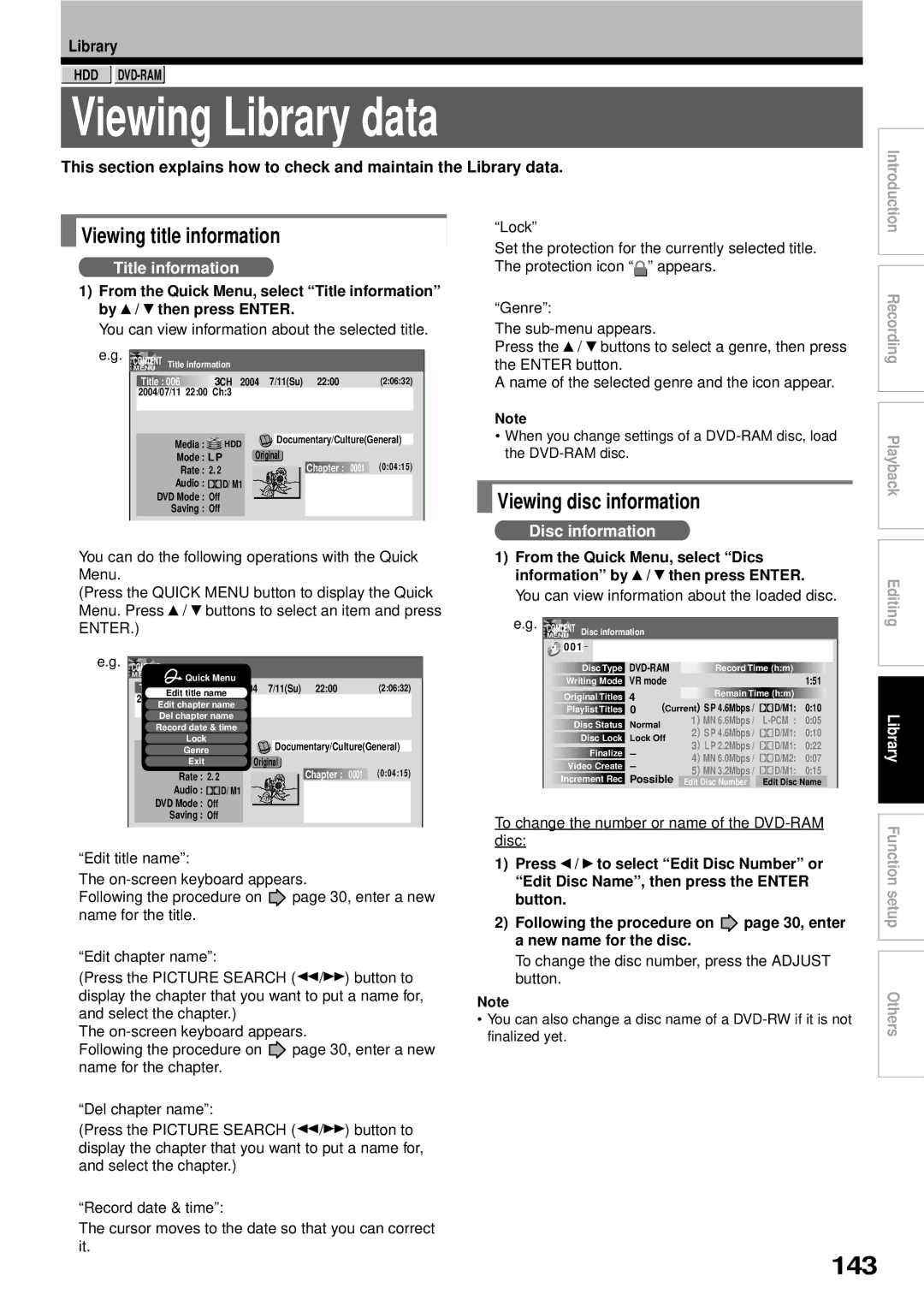 Toshiba RD-XS32SB owner manual Viewing Library data, 143, Viewing title information, Viewing disc information 