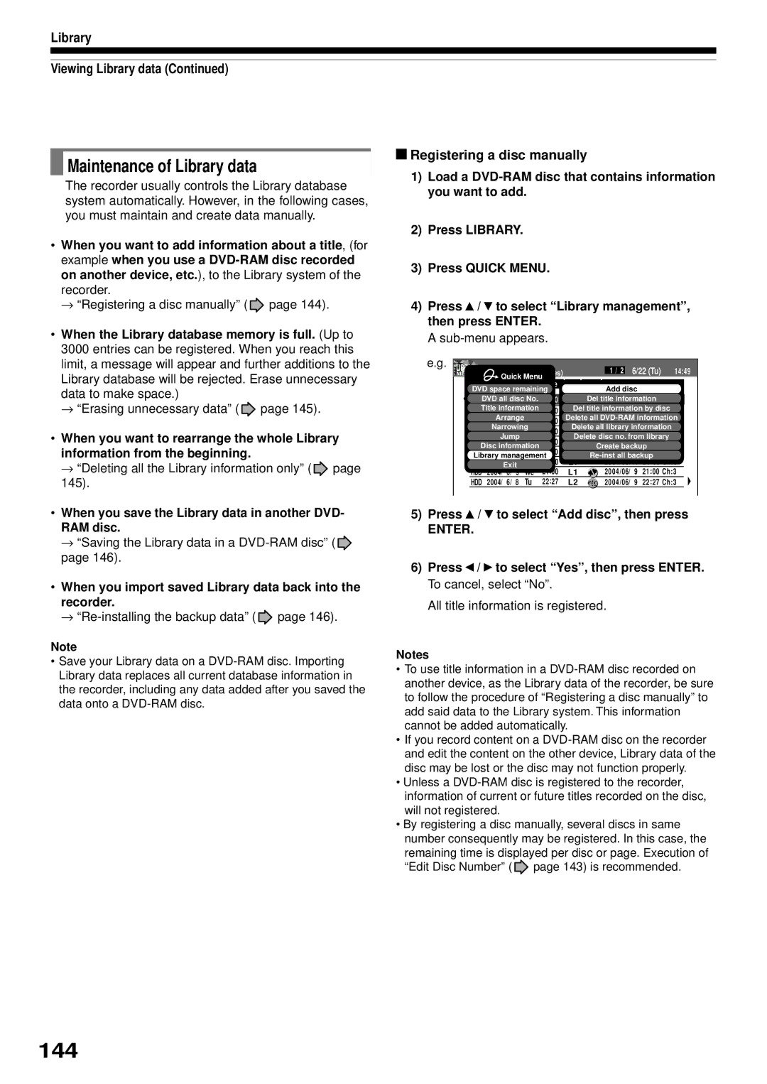 Toshiba RD-XS32SB owner manual 144, Maintenance of Library data, Library Viewing Library data, Registering a disc manually 