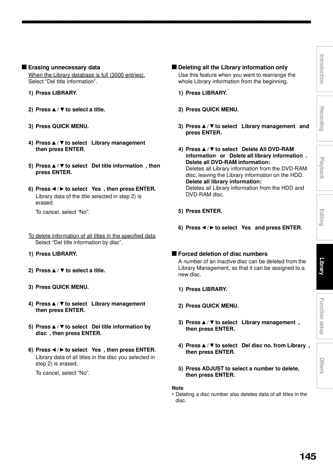 Toshiba RD-XS32SB owner manual 145, Erasing unnecessary data, Deleting all the Library information only 