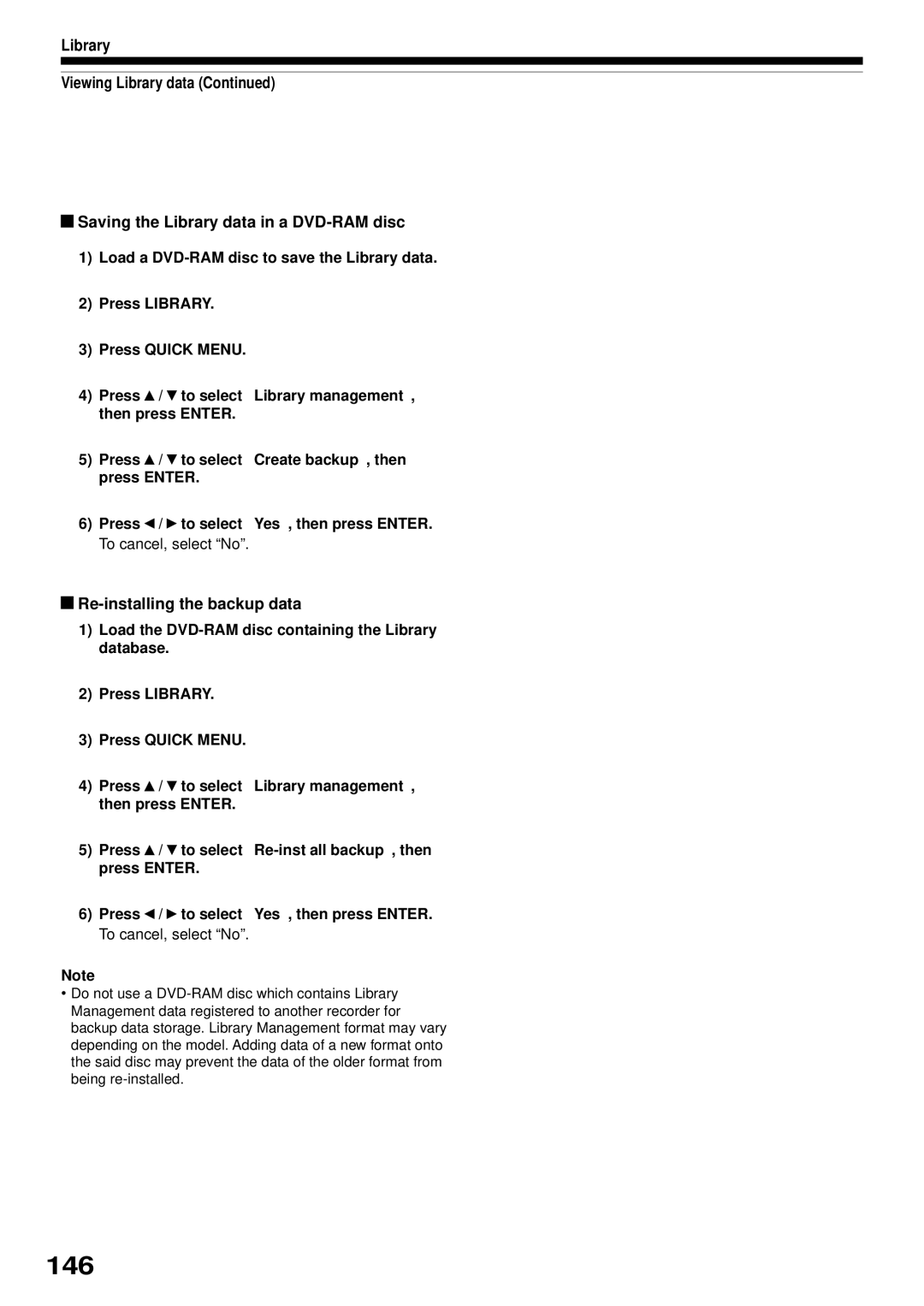 Toshiba RD-XS32SB owner manual 146, Re-installing the backup data 