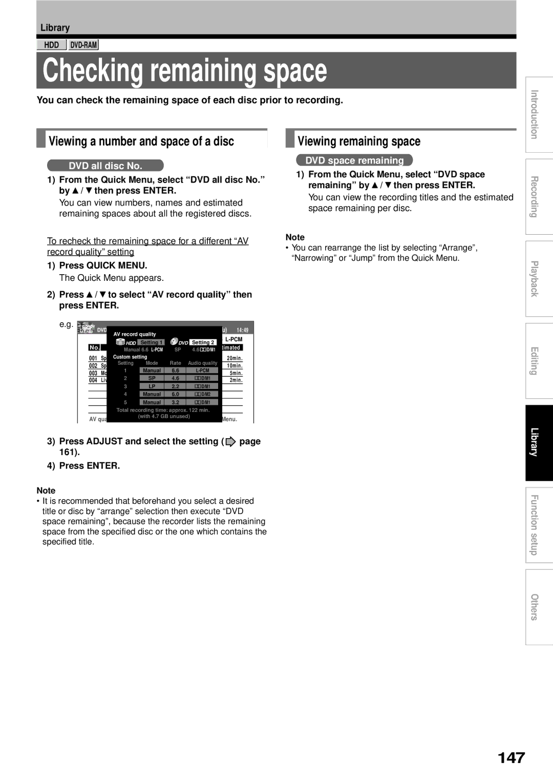 Toshiba RD-XS32SB owner manual Checking remaining space, 147, Viewing a number and space of a disc, Viewing remaining space 