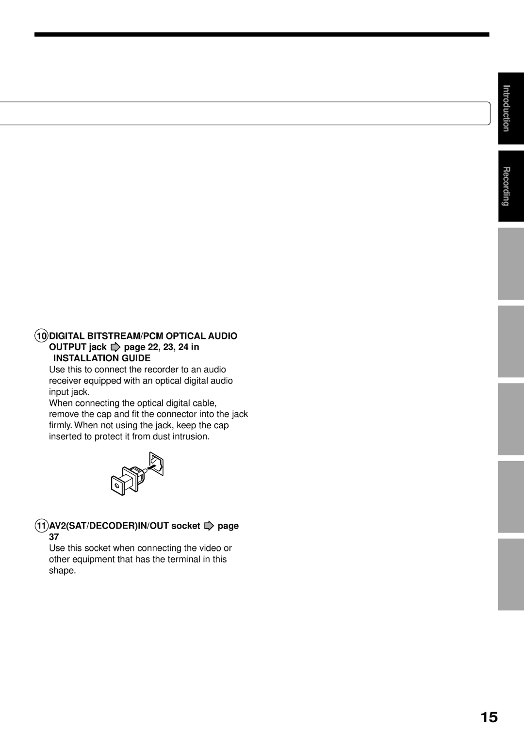 Toshiba RD-XS32SB owner manual Digital BITSTREAM/PCM Optical Audio, 11 AV2SAT/DECODERIN/OUT socket 