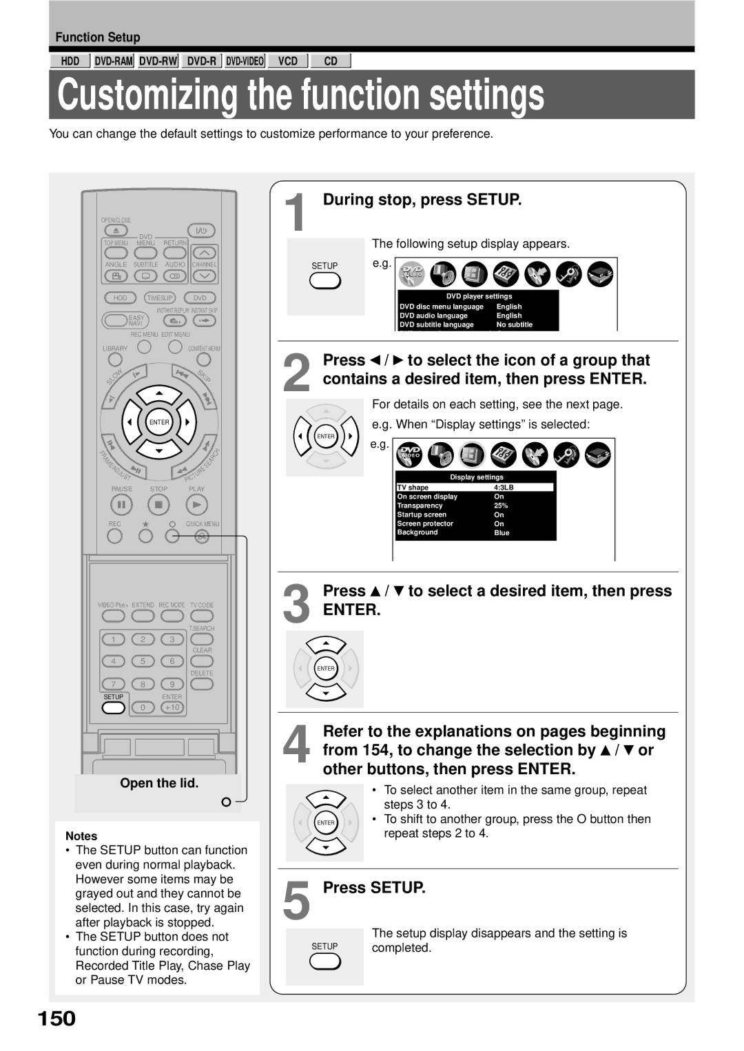 Toshiba RD-XS32SB owner manual Customizing the function settings, 150, During stop, press Setup, Press Setup 