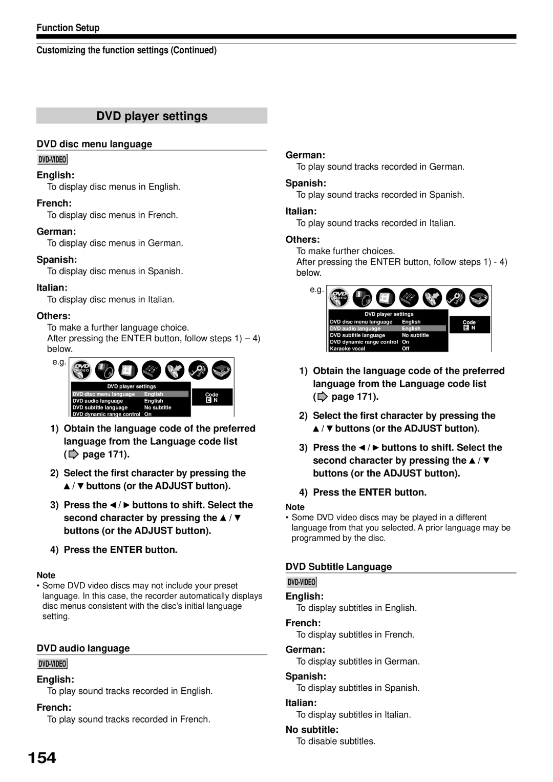 Toshiba RD-XS32SB owner manual 154, DVD player settings 