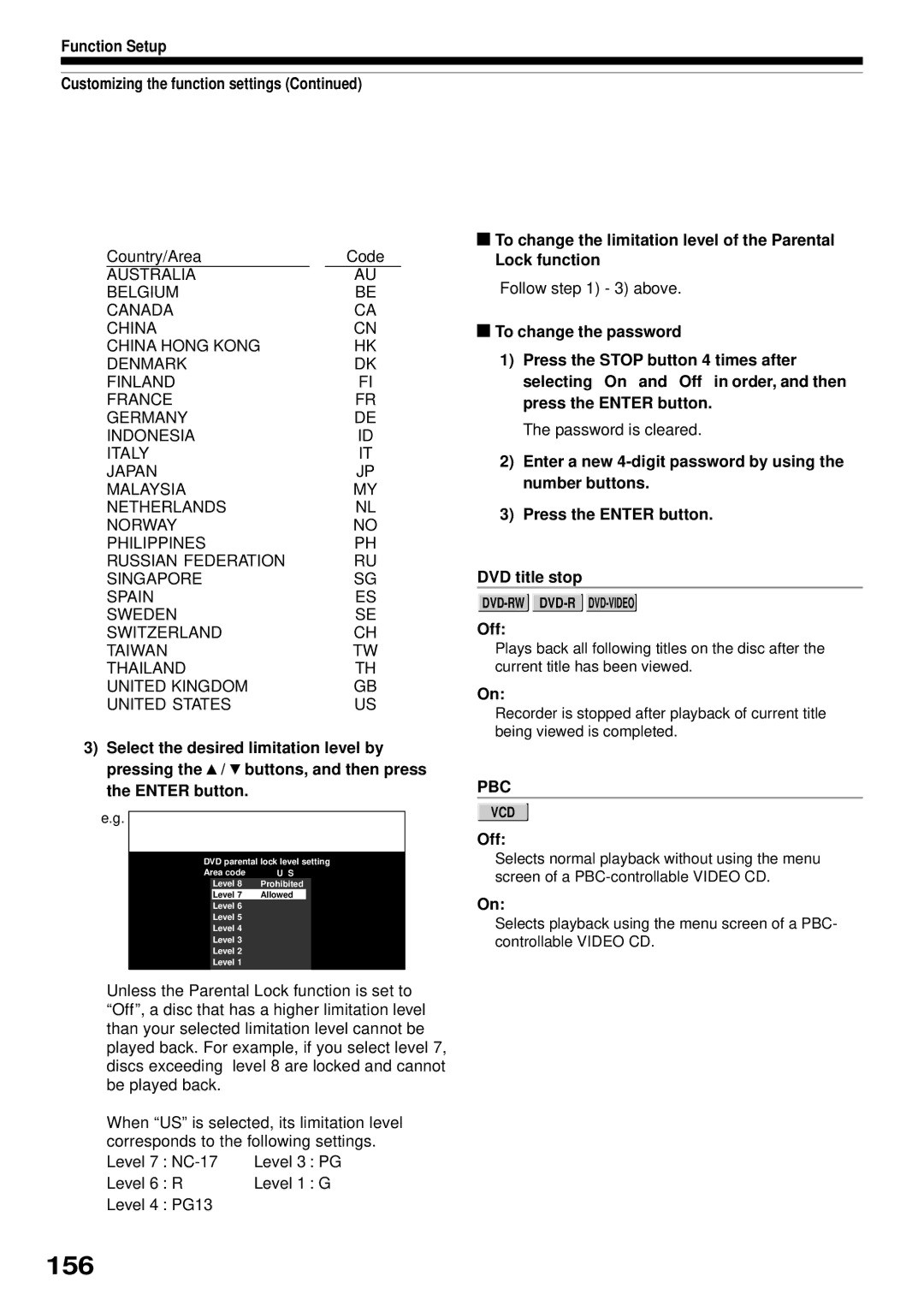 Toshiba RD-XS32SB owner manual 156, Pbc, Code 