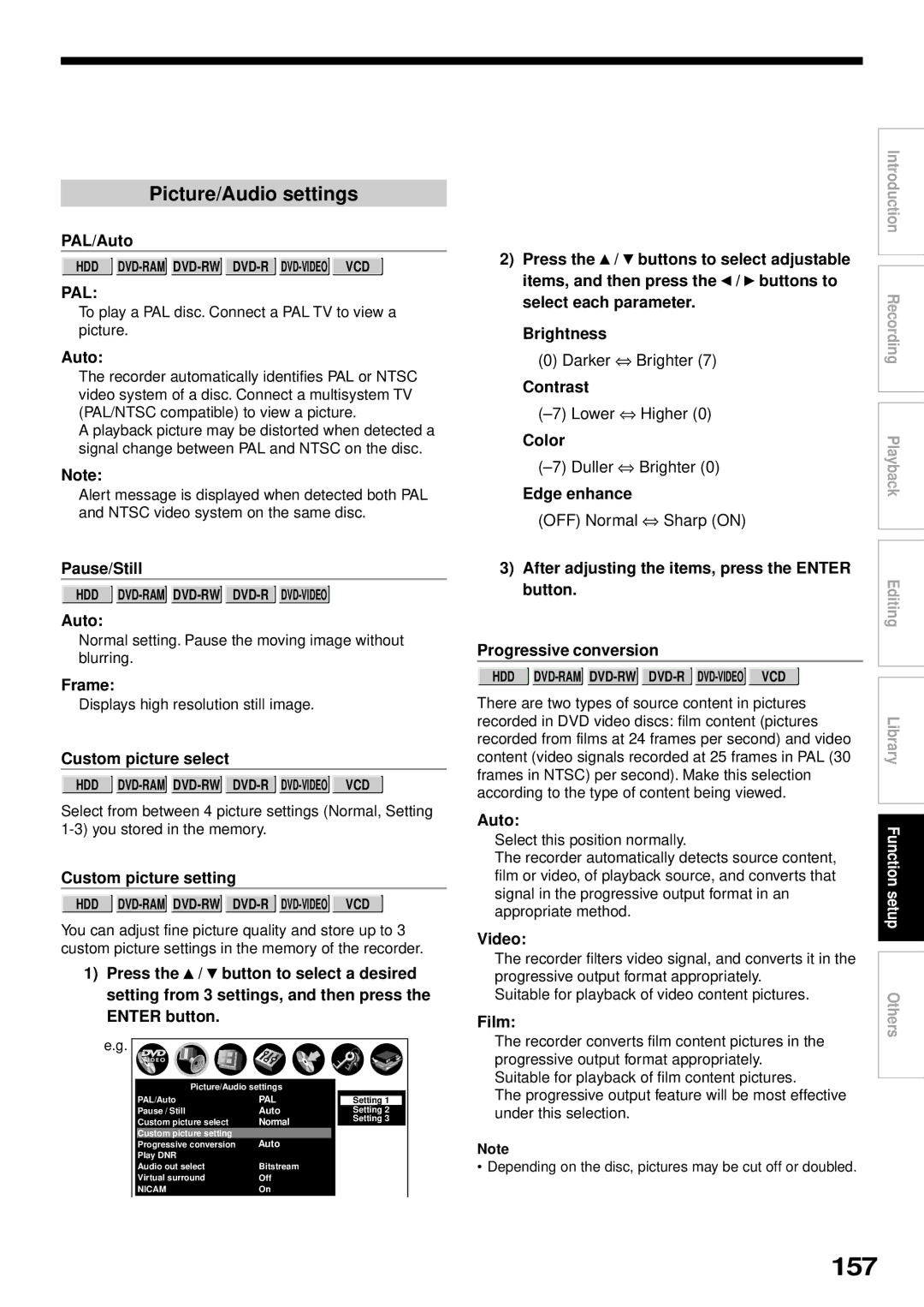 Toshiba RD-XS32SB owner manual 157, Picture/Audio settings, Pal 