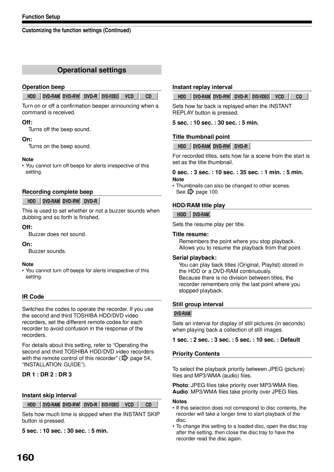 Toshiba RD-XS32SB owner manual 160, Operational settings 