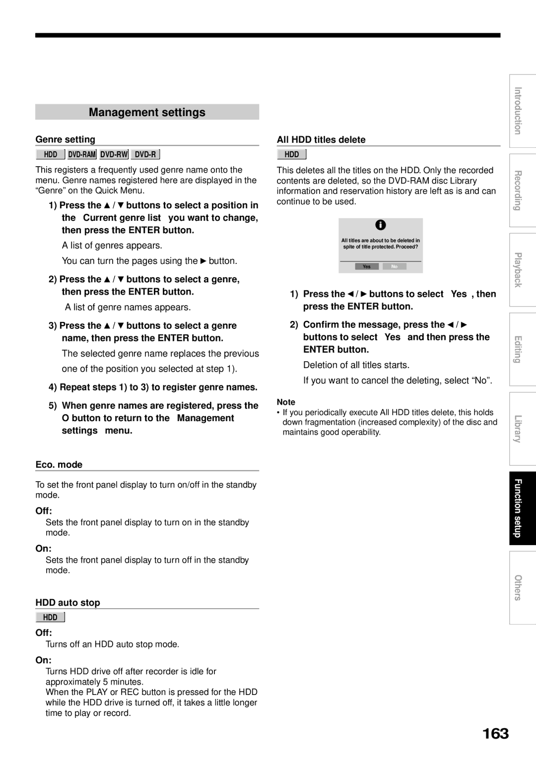 Toshiba RD-XS32SB owner manual 163, Management settings 