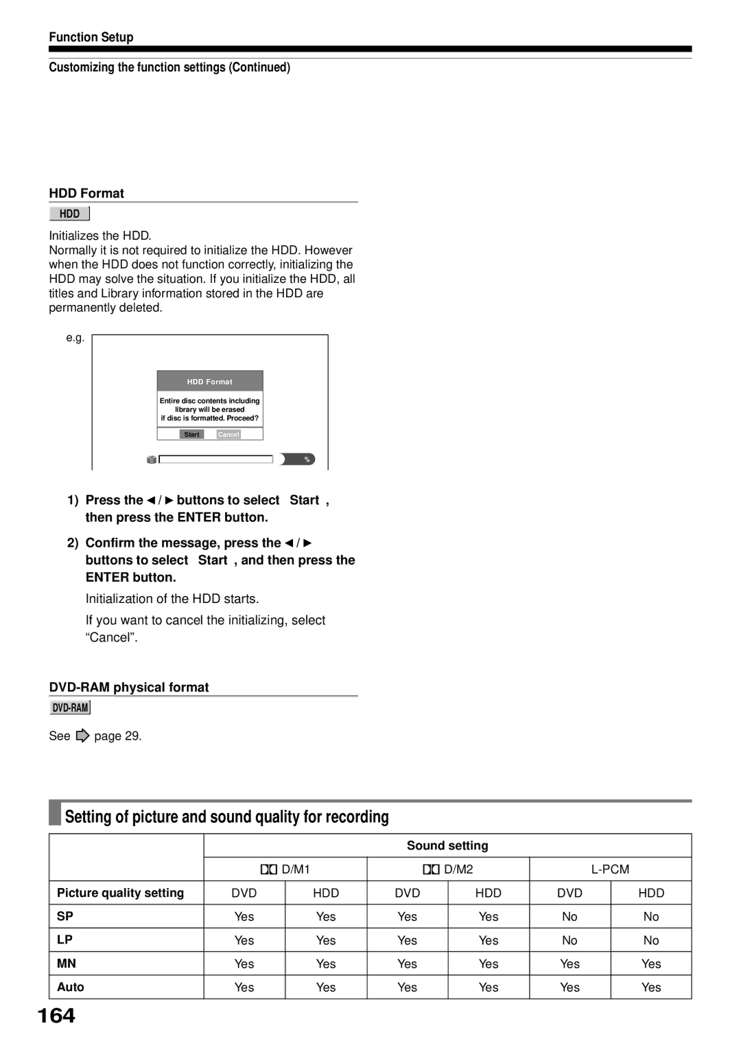 Toshiba RD-XS32SB owner manual 164, Setting of picture and sound quality for recording, DVD-RAM physical format 