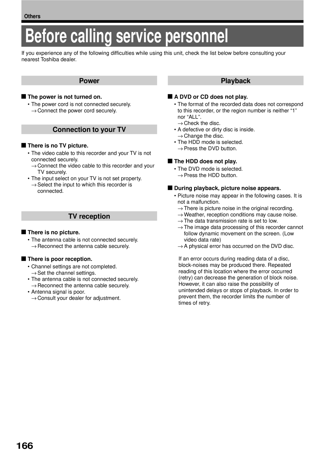 Toshiba RD-XS32SB owner manual Before calling service personnel, 166, Power Playback, Connection to your TV, TV reception 