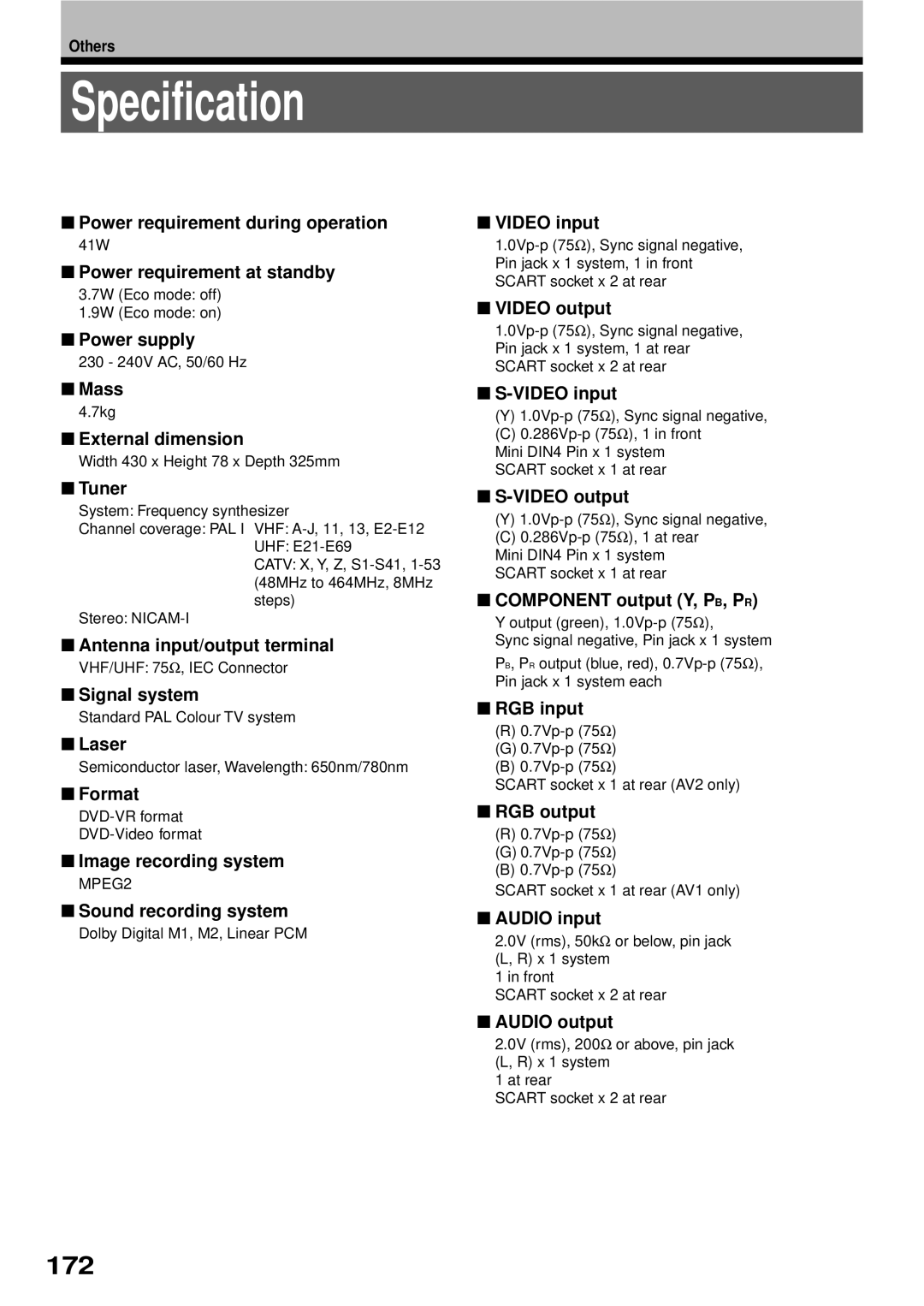 Toshiba RD-XS32SB owner manual Specification, 172 