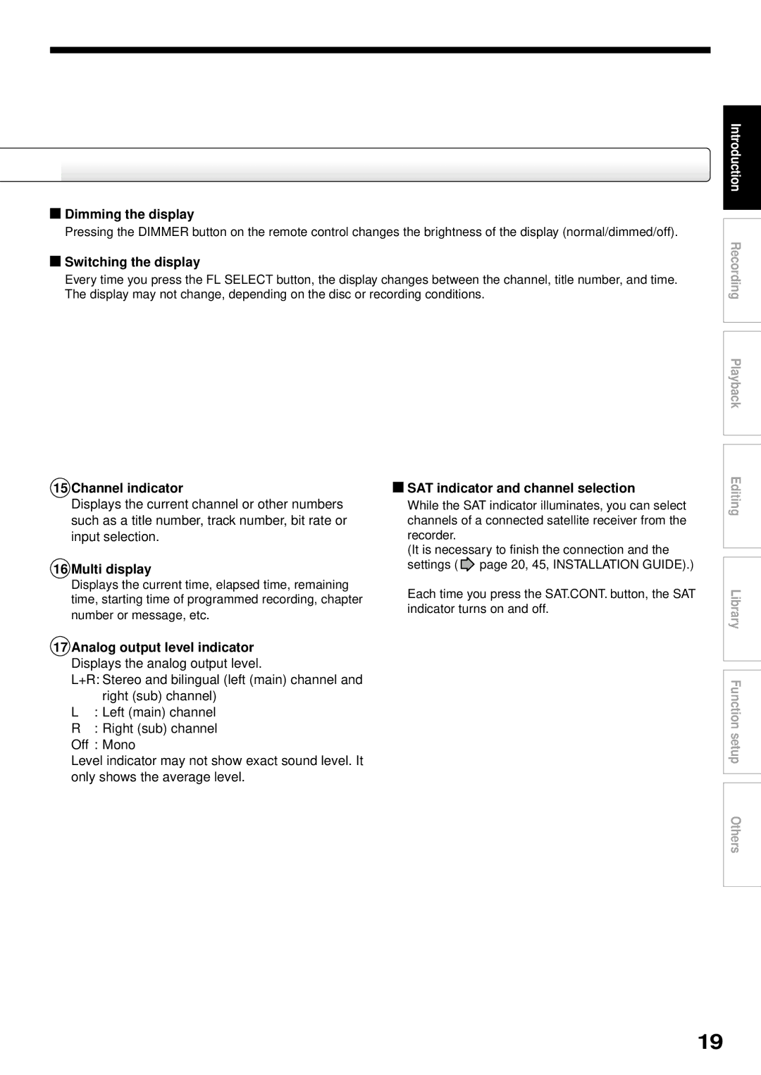 Toshiba RD-XS32SB owner manual Dimming the display, Switching the display, Channel indicator, Multi display 