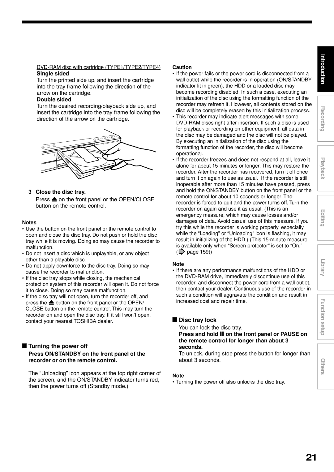 Toshiba RD-XS32SB owner manual Turning the power off, Disc tray lock, Single sided, Double sided, Close the disc tray 