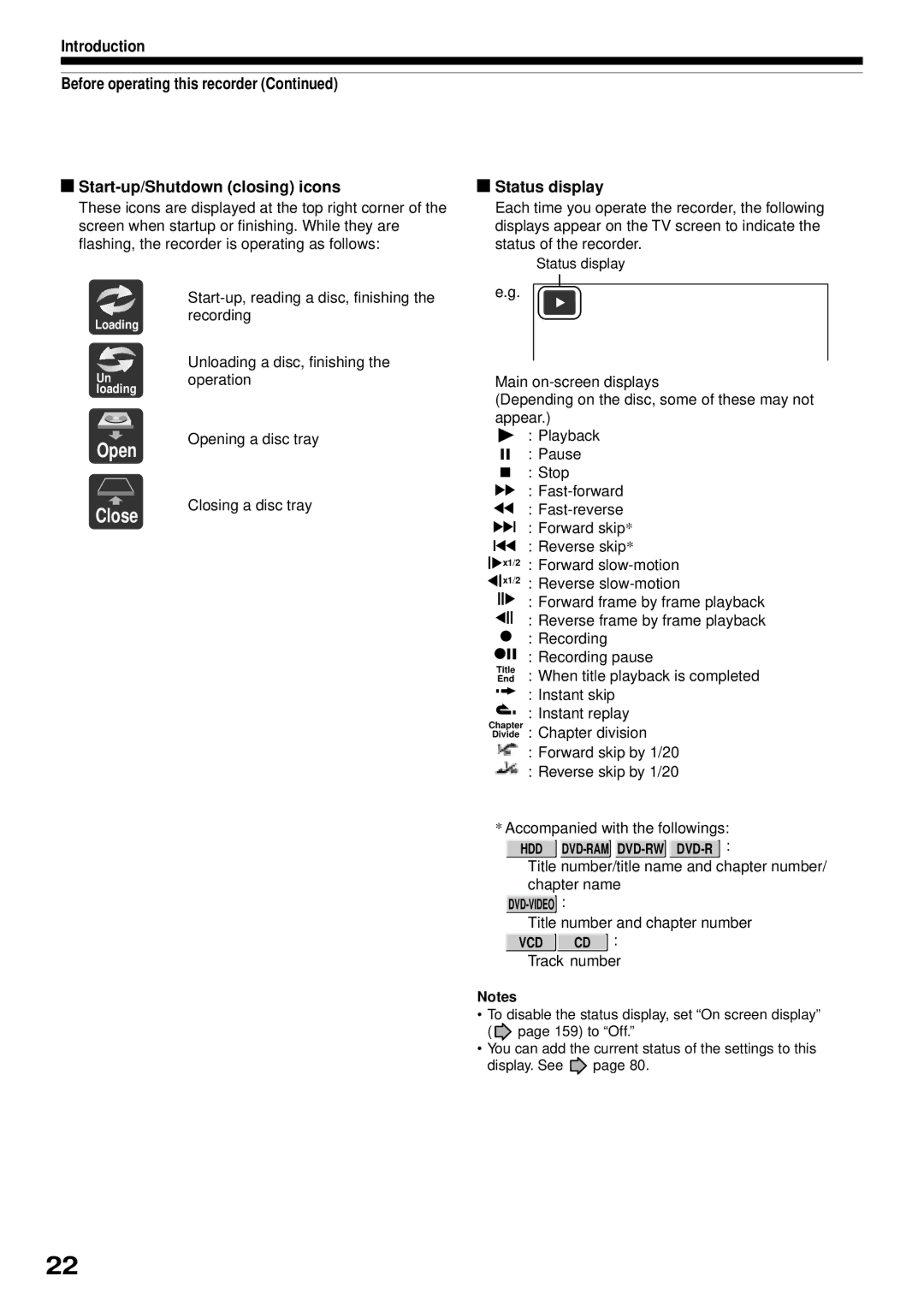 Toshiba RD-XS32SB owner manual Open Close, VCD CD Track number 