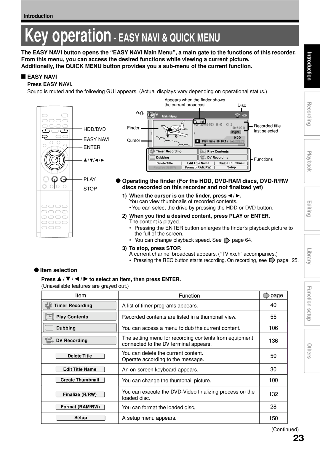 Toshiba RD-XS32SB owner manual Easy Navi, Operating the finder For the HDD, DVD-RAM discs, DVD-R/RW, Item selection 