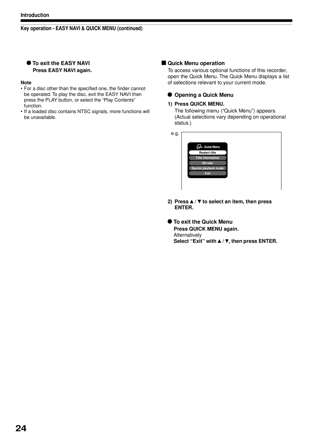 Toshiba RD-XS32SB owner manual Opening a Quick Menu, To exit the Quick Menu 