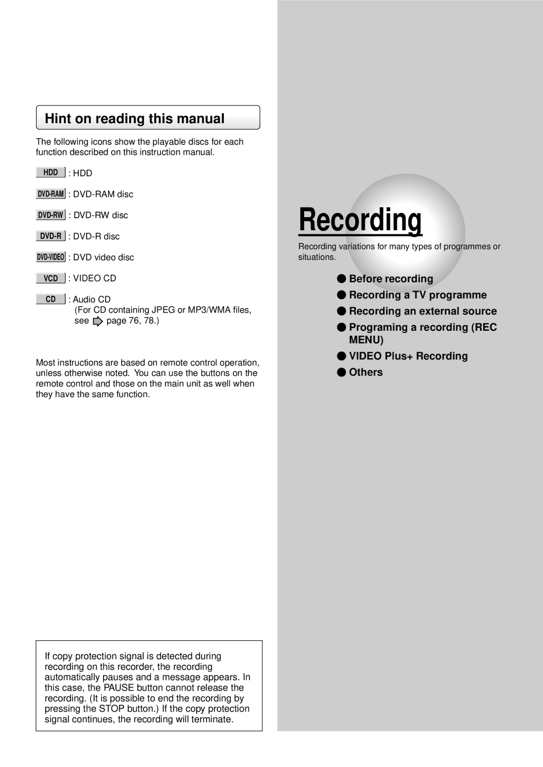 Toshiba RD-XS32SB owner manual Recording 