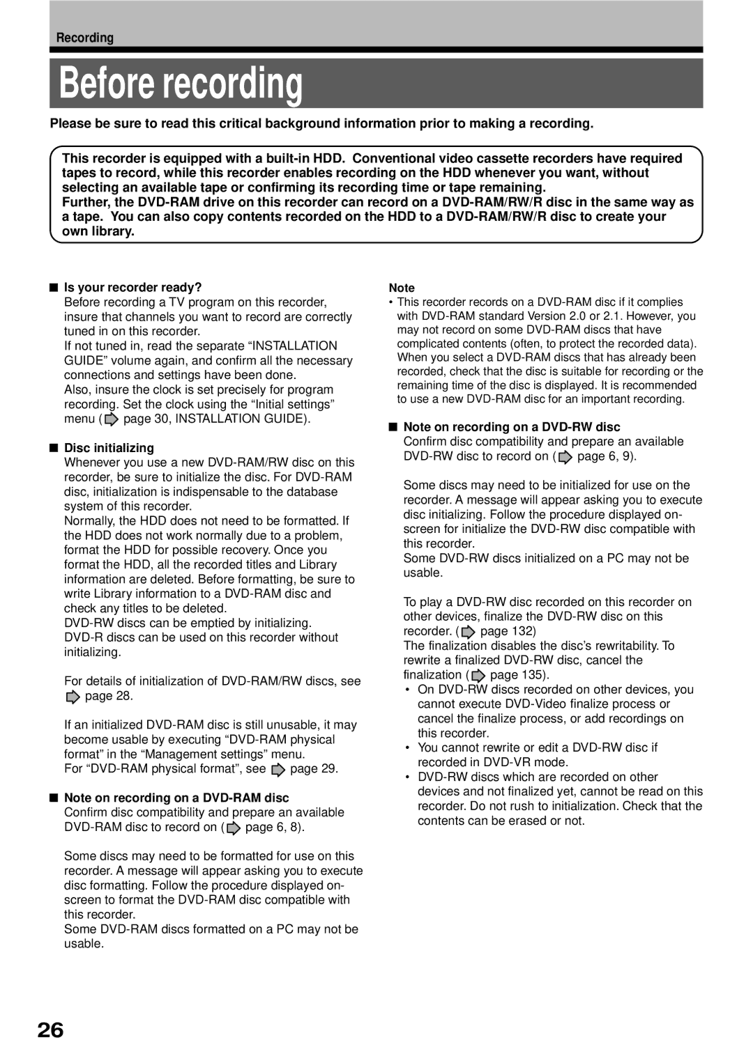 Toshiba RD-XS32SB owner manual Before recording, Recording, Is your recorder ready?, Disc initializing 