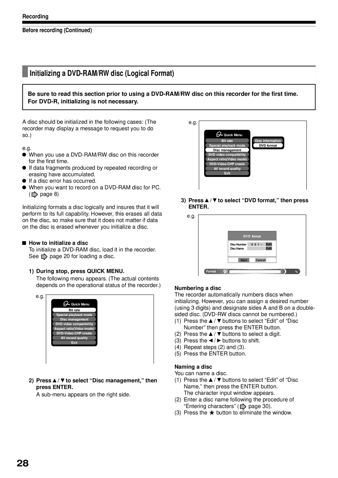 Toshiba RD-XS32SB owner manual Initializing a DVD-RAM/RW disc Logical Format, Recording Before recording 