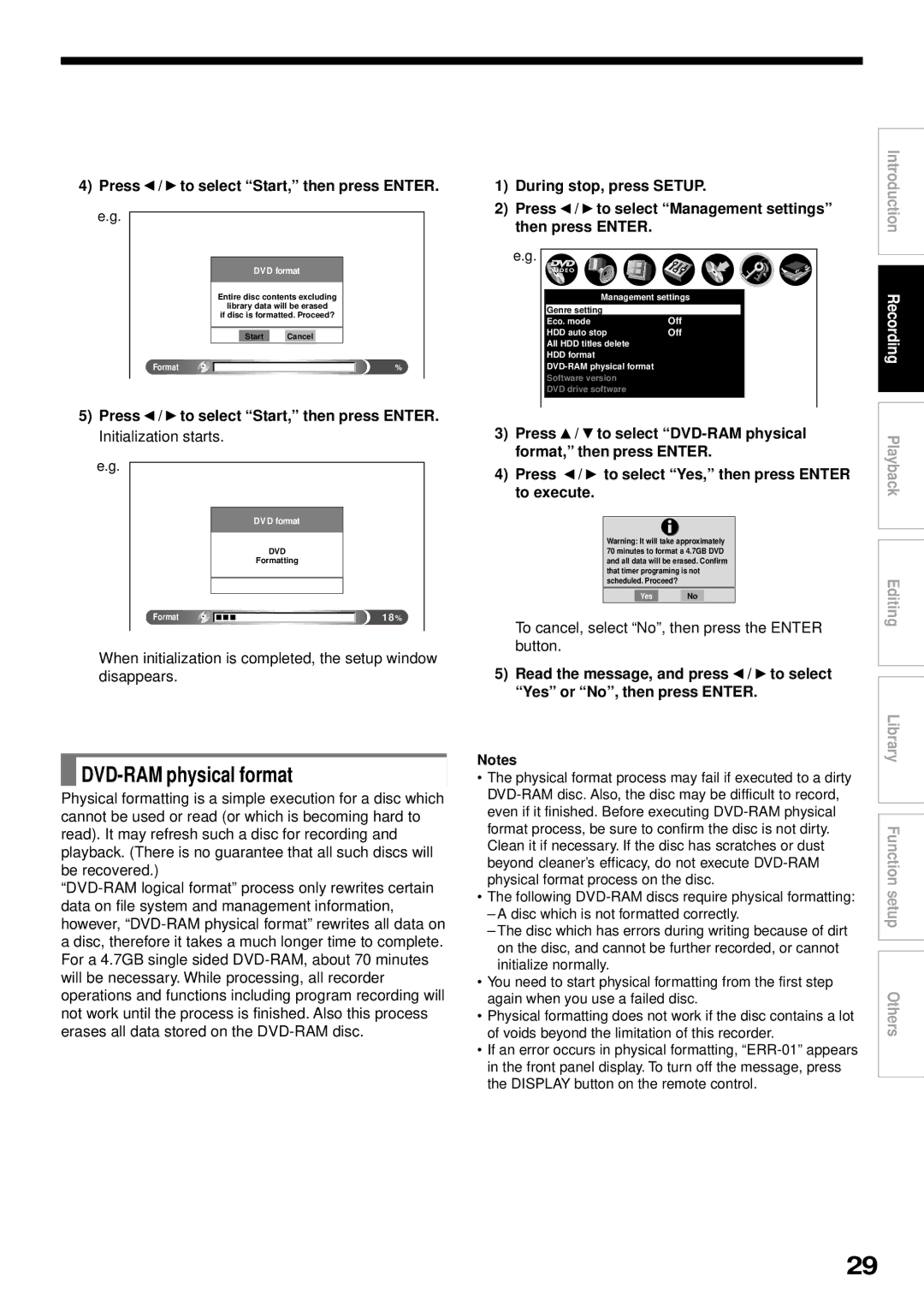 Toshiba RD-XS32SB owner manual DVD-RAM physical format, Press, Initialization starts. e.g 