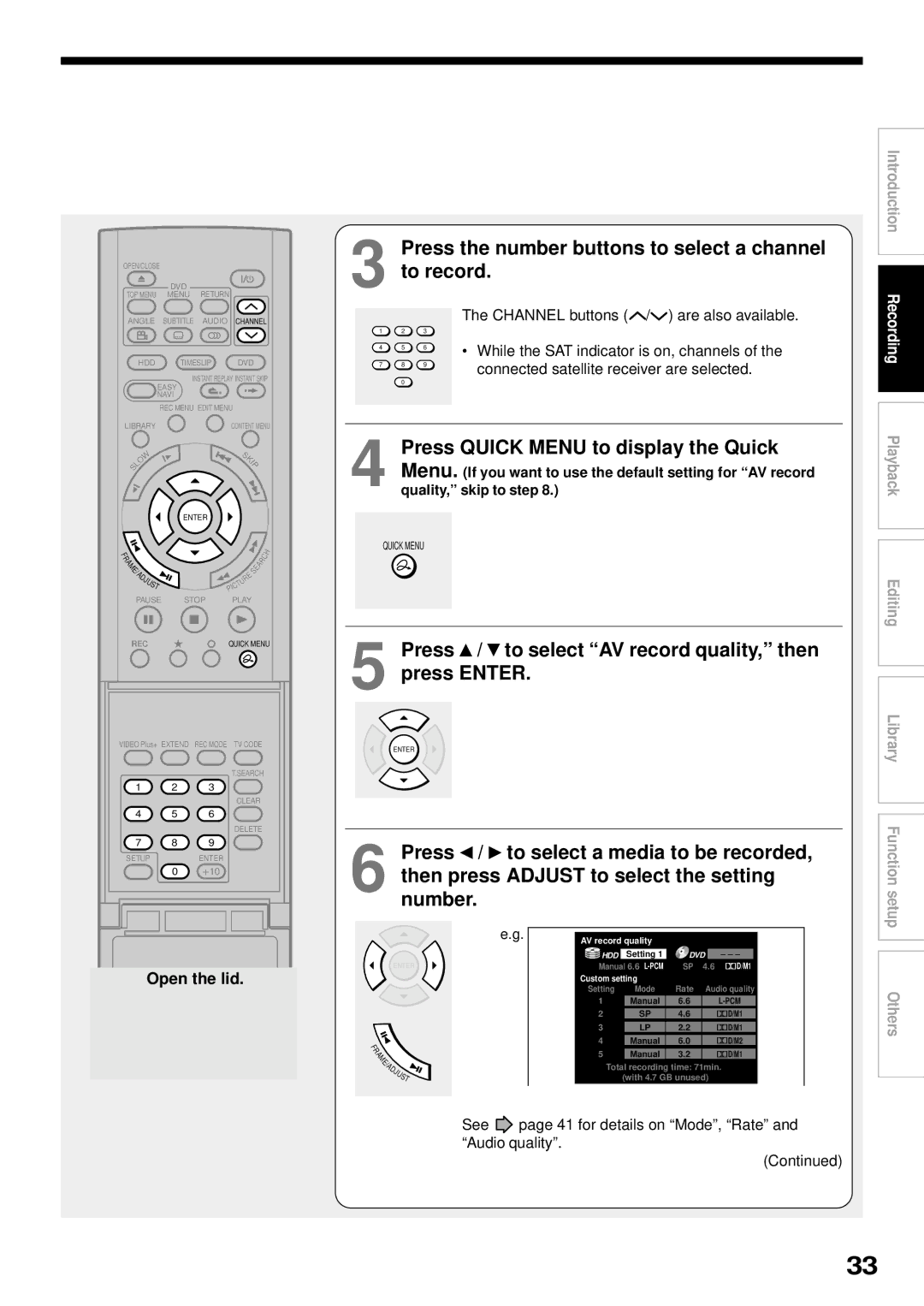 Toshiba RD-XS32SB owner manual Press the number buttons to select a channel to record, Open the lid, Quality, skip to step 