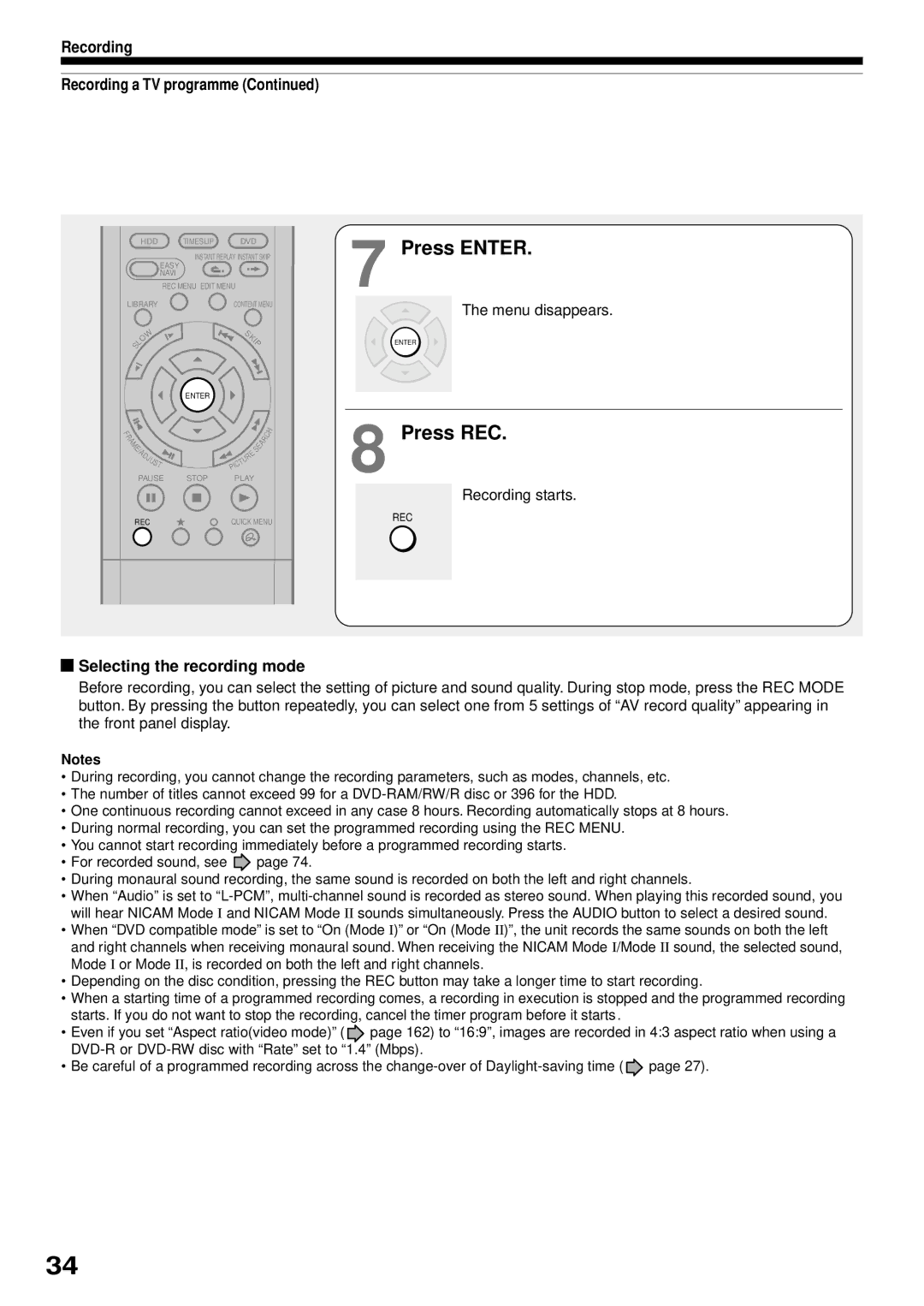 Toshiba RD-XS32SB owner manual Press Enter, Press REC, Recording Recording a TV programme, Selecting the recording mode 