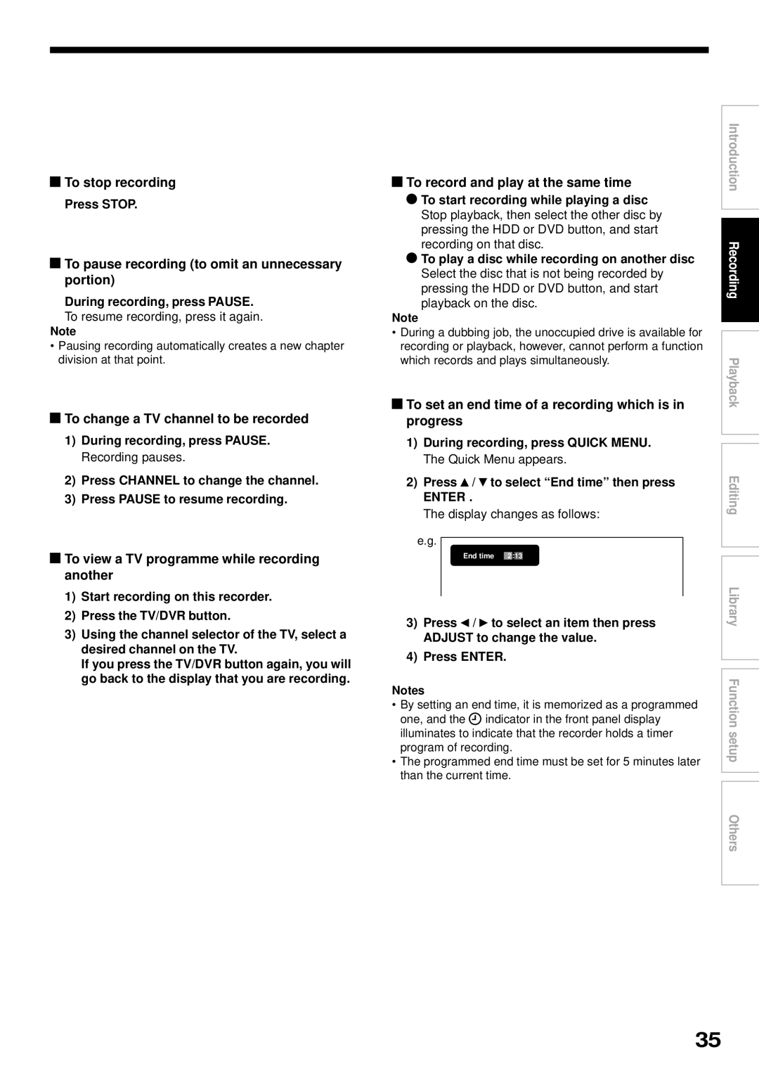 Toshiba RD-XS32SB owner manual To stop recording, To pause recording to omit an unnecessary portion 