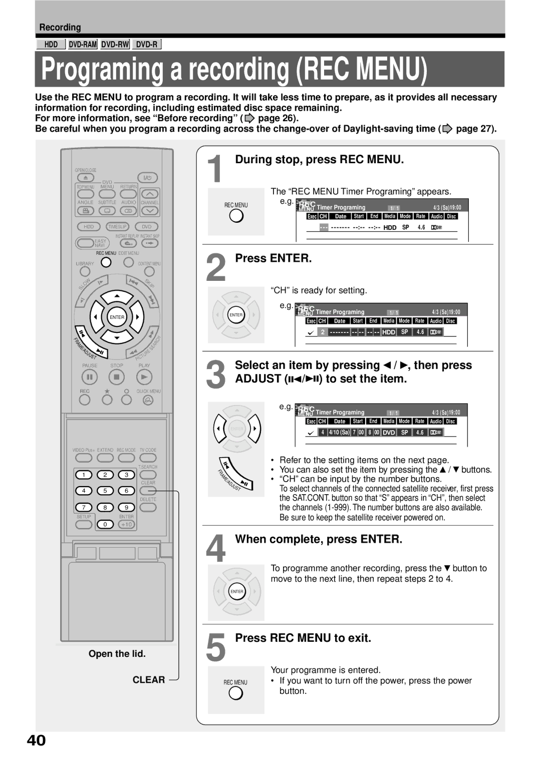 Toshiba RD-XS32SB owner manual During stop, press REC Menu, When complete, press Enter, Press REC Menu to exit, Clear 