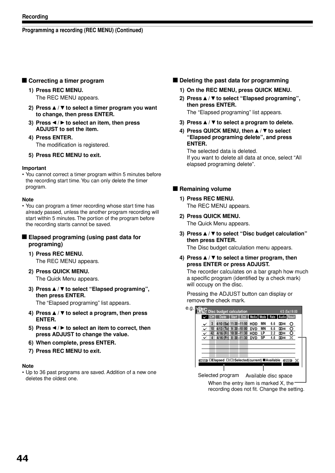 Toshiba RD-XS32SB owner manual Remaining volume, Elapsed programing using past data for programing, Program, Rec 