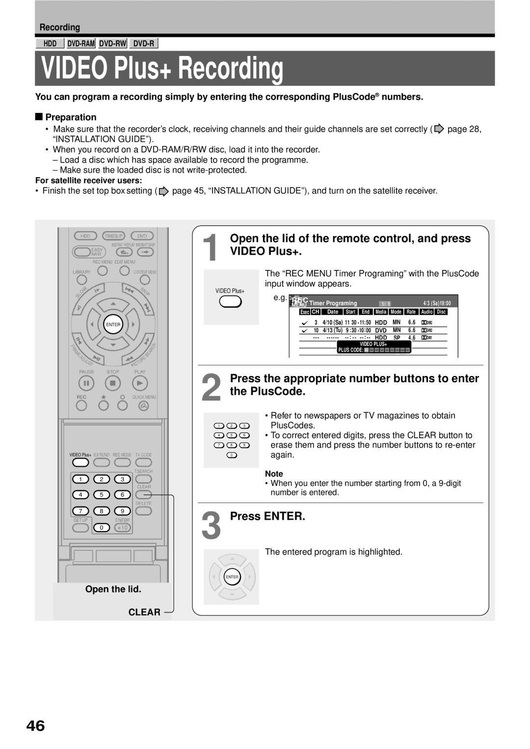 Toshiba RD-XS32SB owner manual Video Plus+ Recording, Open the lid of the remote control, and press Video Plus+ 