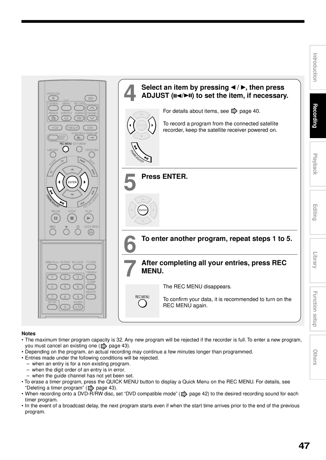 Toshiba RD-XS32SB owner manual After completing all your entries, press REC Menu, REC Menu disappears, REC Menu again 