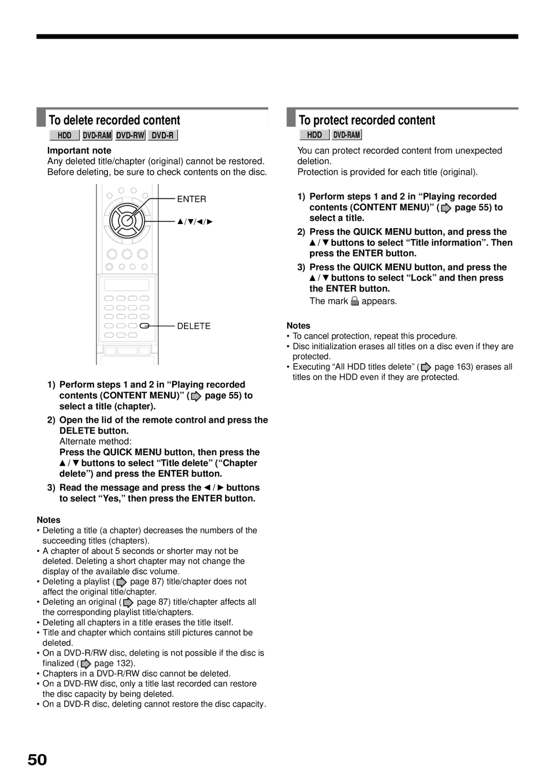 Toshiba RD-XS32SB owner manual To delete recorded content, To protect recorded content, Important note, Alternate method 