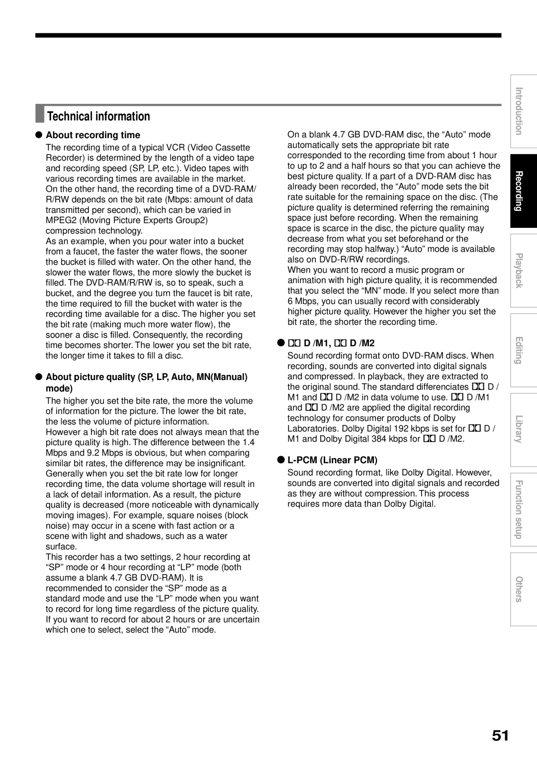 Toshiba RD-XS32SB Technical information, About recording time, About picture quality SP, LP, Auto, MNManual mode 