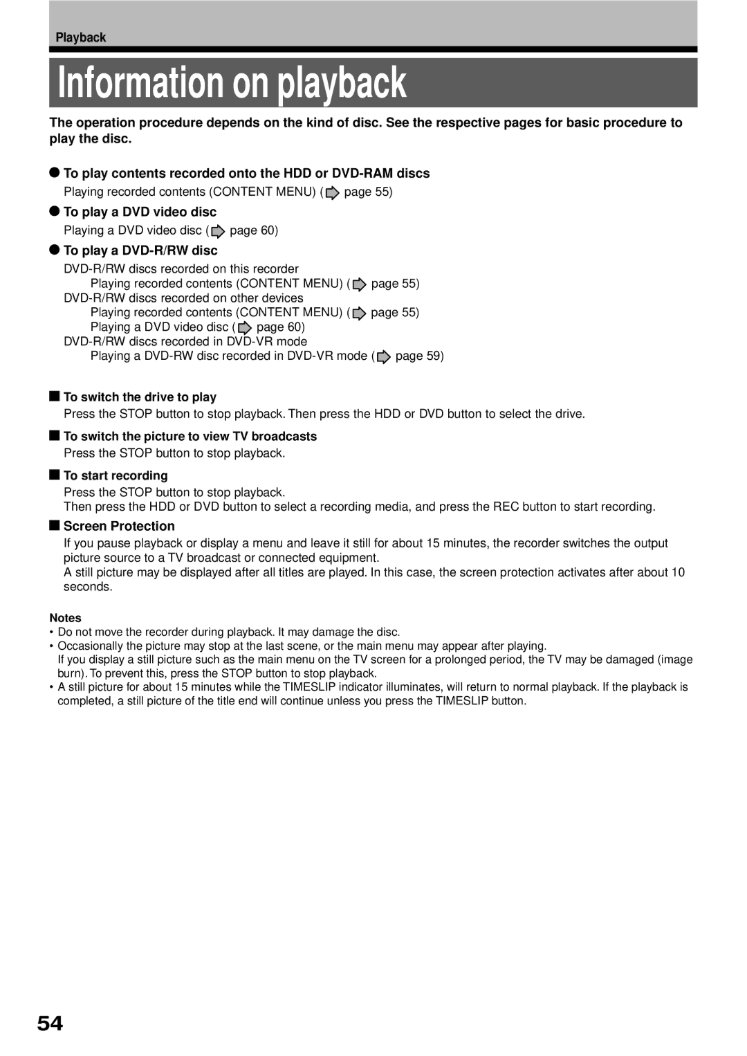 Toshiba RD-XS32SB Information on playback, Playback, To play a DVD video disc, To play a DVD-R/RW disc, Screen Protection 