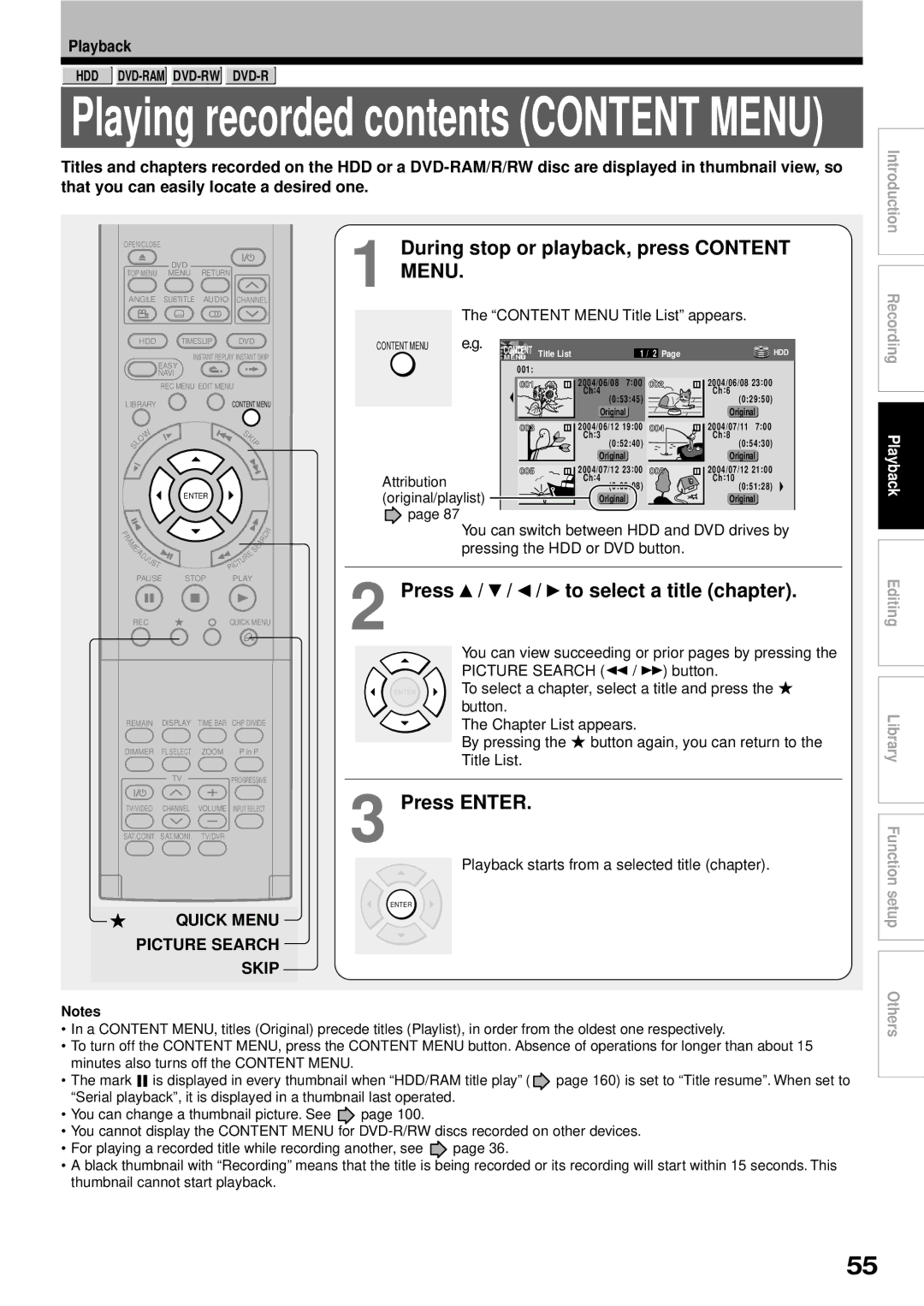 Toshiba RD-XS32SB owner manual Playing recorded contents Content Menu 