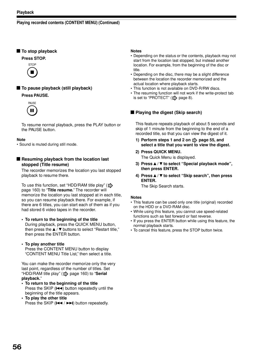 Toshiba RD-XS32SB owner manual To pause playback still playback, Playing the digest Skip search 