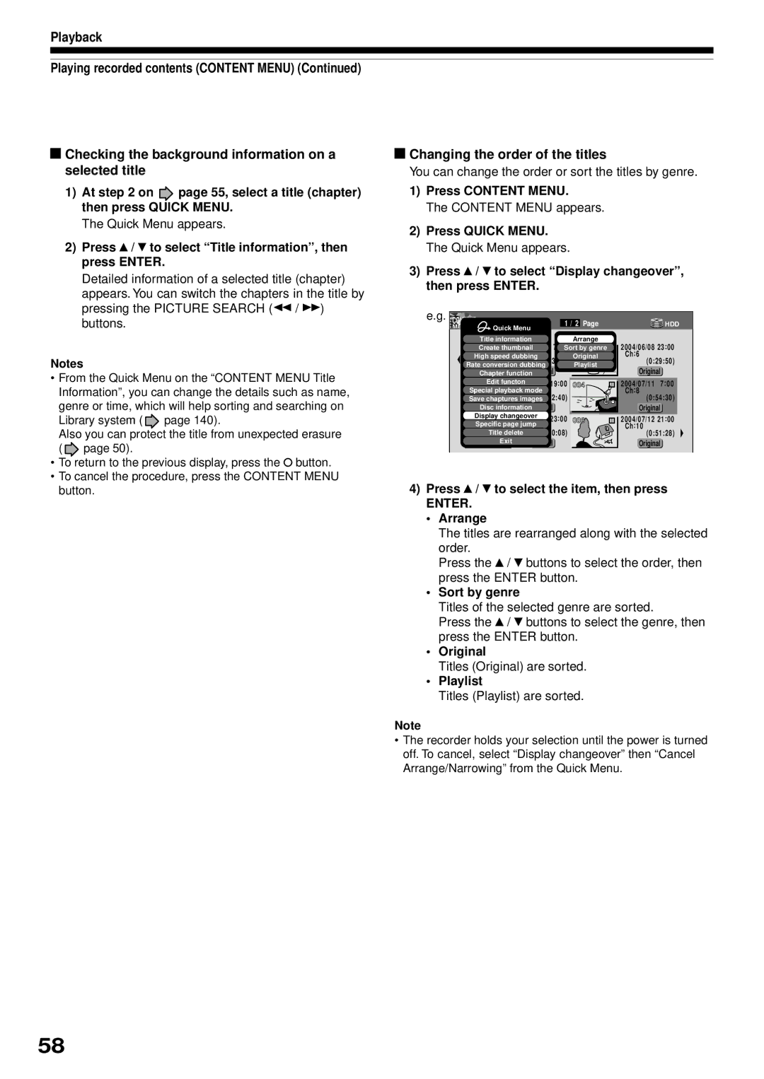 Toshiba RD-XS32SB owner manual Checking the background information on a selected title, Changing the order of the titles 