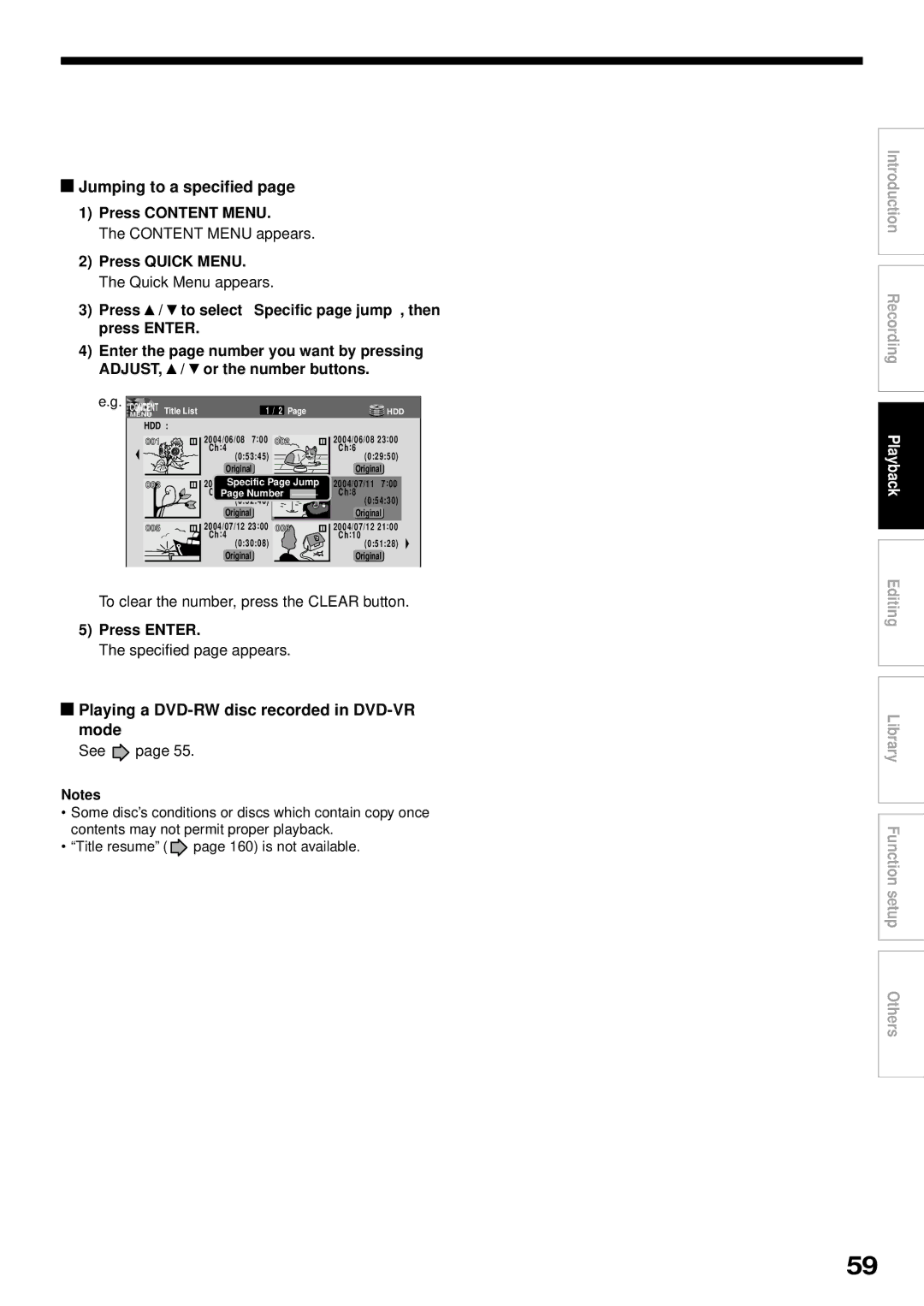 Toshiba RD-XS32SB Jumping to a specified, Playing a DVD-RW disc recorded in DVD-VR mode, Specified page appears 