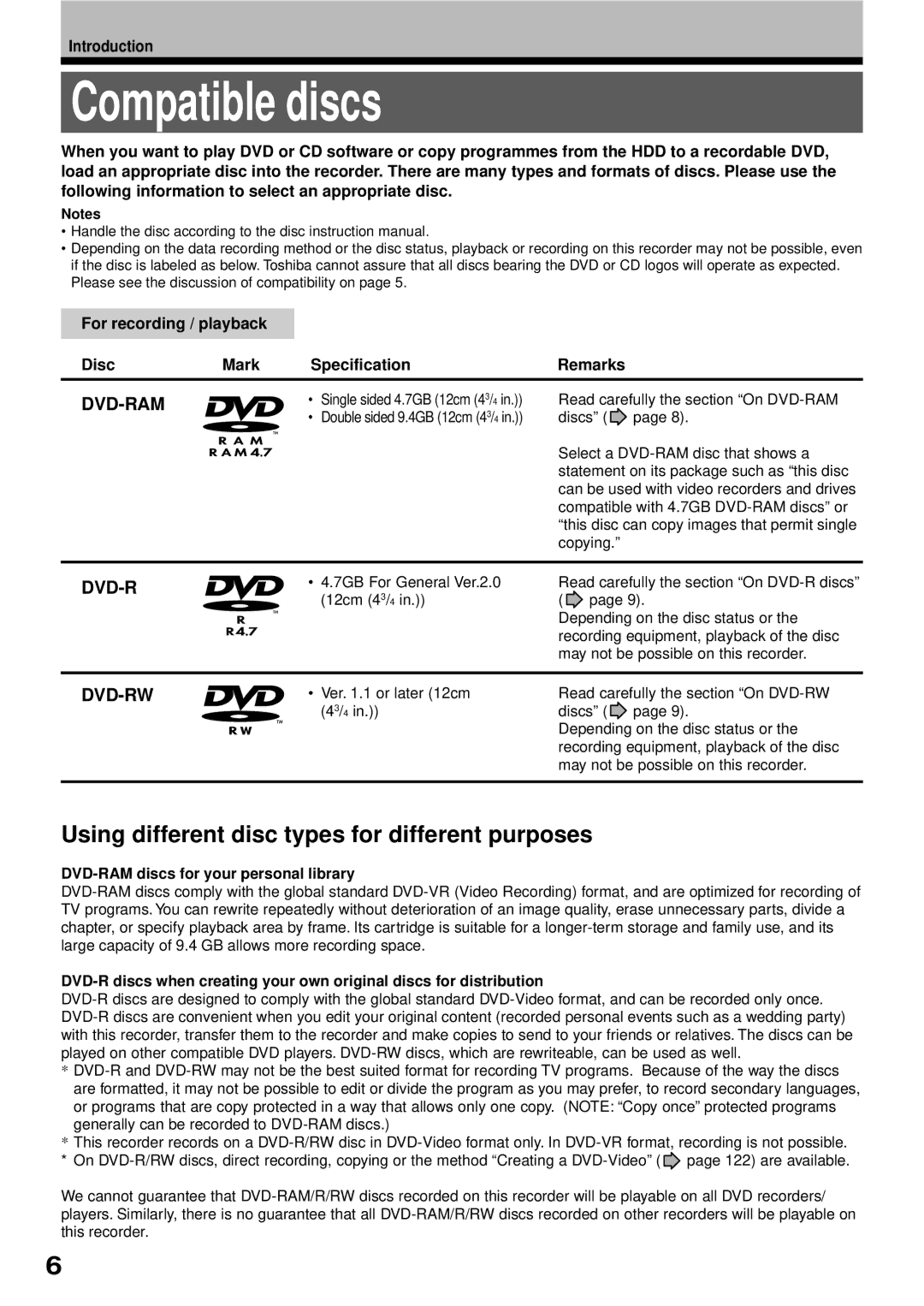 Toshiba RD-XS32SB owner manual Compatible discs, For recording / playback Disc Mark Specification Remarks 