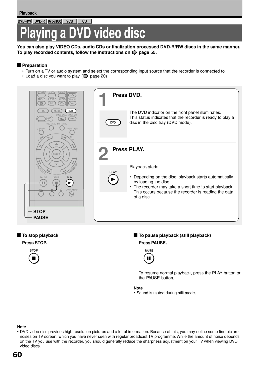 Toshiba RD-XS32SB owner manual Playing a DVD video disc, Press DVD, Press Play, Stop Pause 