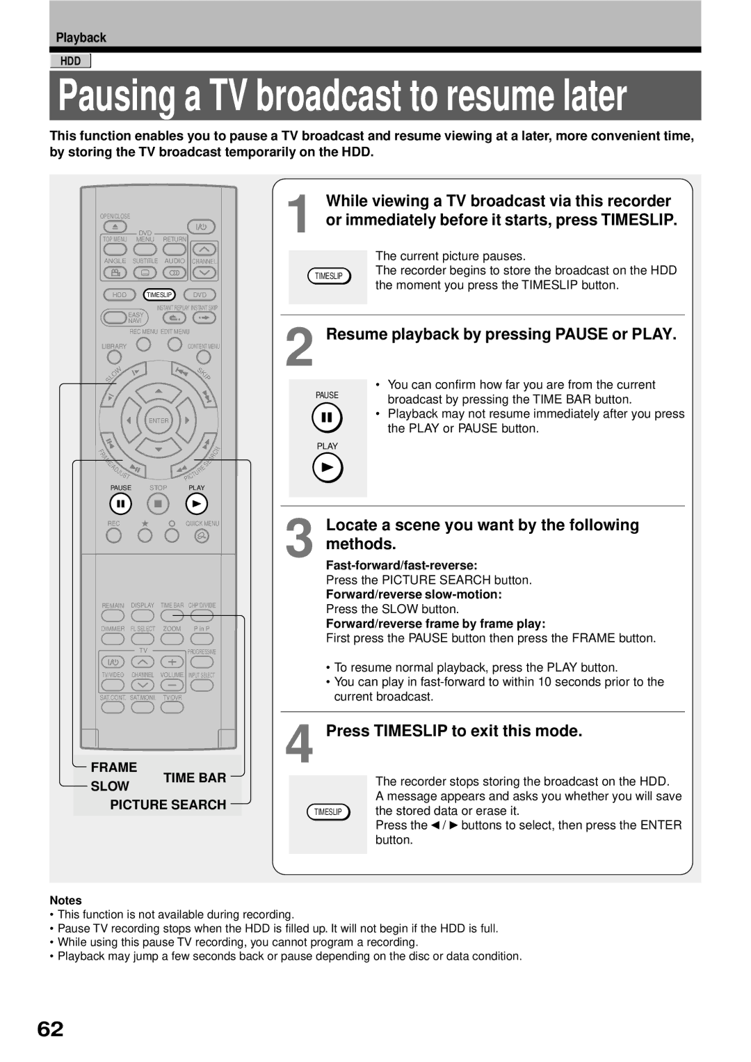 Toshiba RD-XS32SB Locate a scene you want by the following methods, Press Timeslip to exit this mode, Frame, Slow Time BAR 