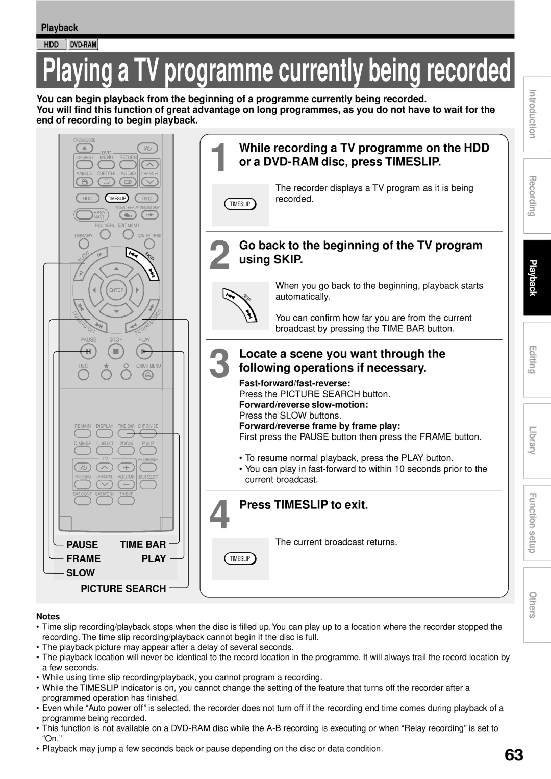 Toshiba RD-XS32SB Go back to the beginning of the TV program using Skip, Press Timeslip to exit, Pause Time BAR Frame 