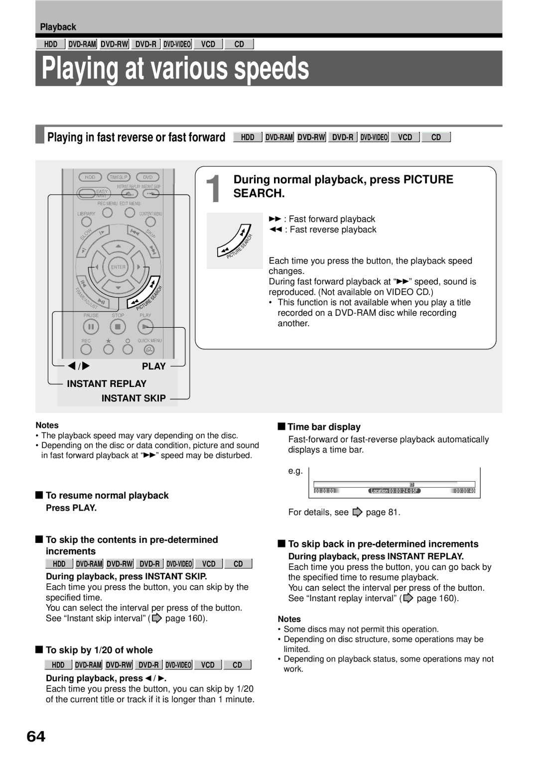 Toshiba RD-XS32SB owner manual Playing at various speeds, During normal playback, press Picture Search, Instant Replay 