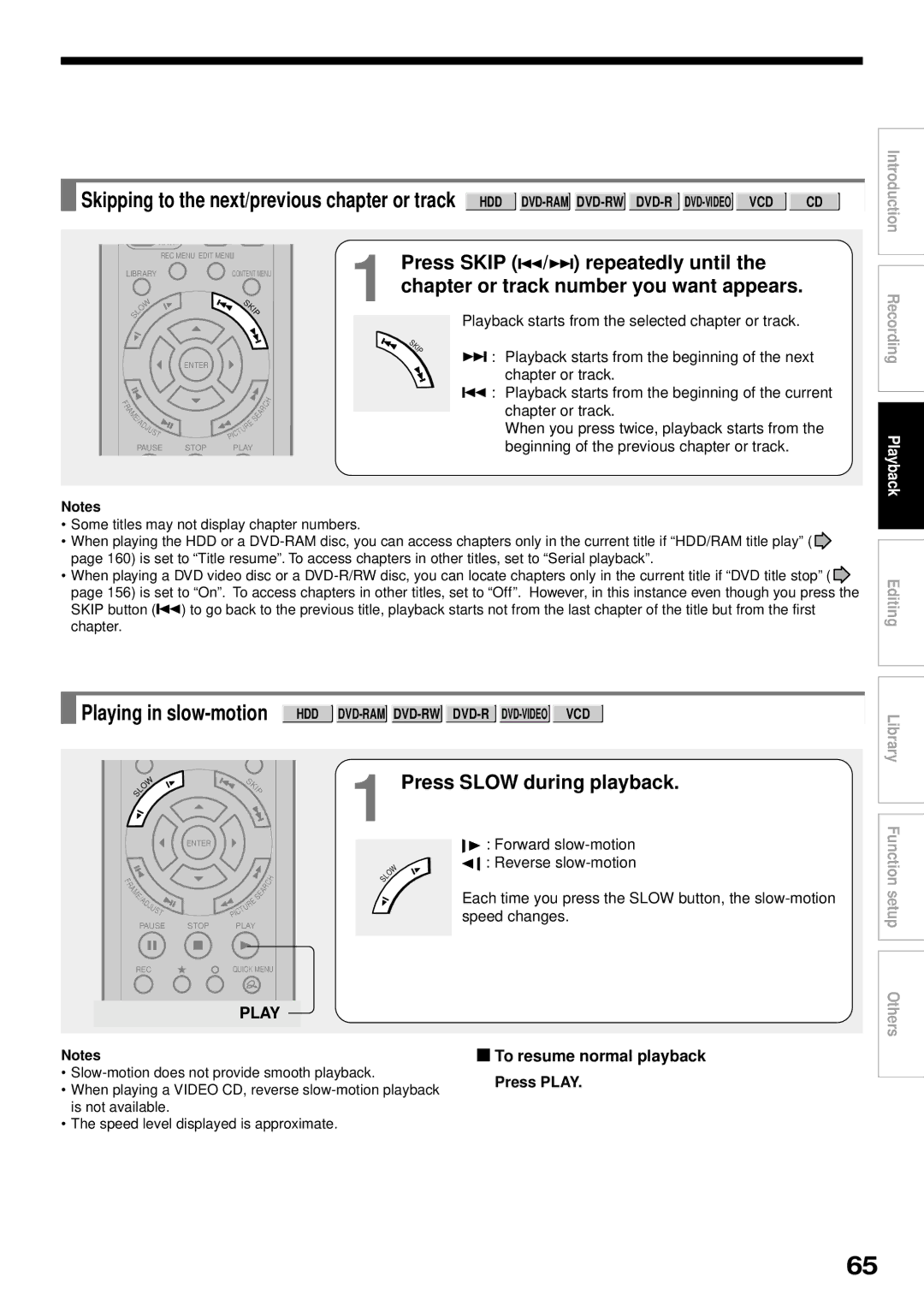 Toshiba RD-XS32SB owner manual Press Slow during playback, Play, Forward slow-motion, Reverse slow-motion 