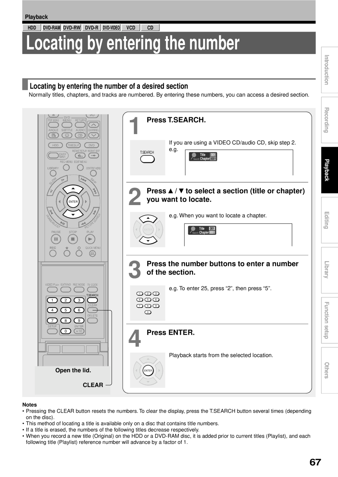 Toshiba RD-XS32SB owner manual Locating by entering the number of a desired section, Press T.SEARCH 