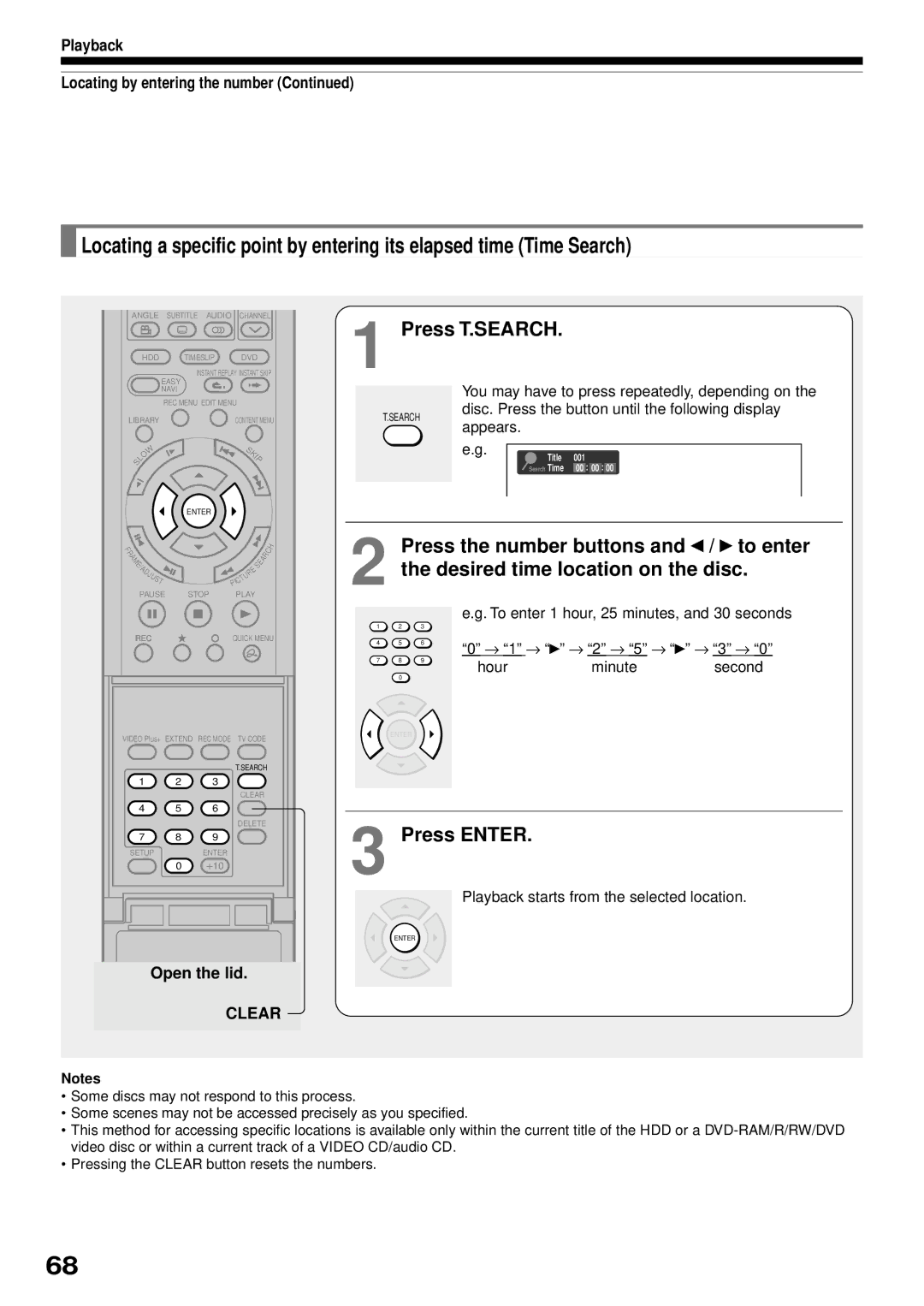 Toshiba RD-XS32SB owner manual Playback Locating by entering the number, To enter 1 hour, 25 minutes, and 30 seconds, → 1 → 